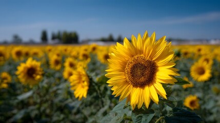 Fototapeta premium A vibrant field of sunflowers under a clear blue sky
