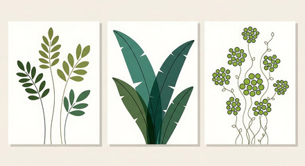 Green Botanical Wall Art Set Minimalist Leaf Prints