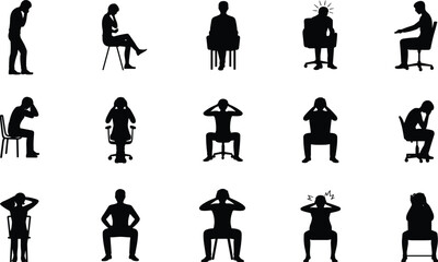 Silhouettes of stressed people sitting and thinking, head in hands, emotional posture collection, frustration, anxiety, depression concept illustration