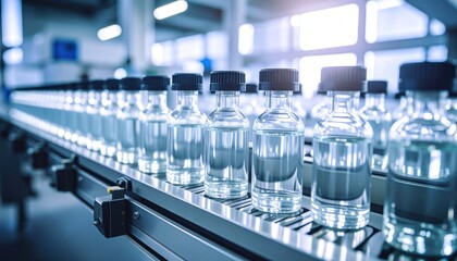 Bottles on conveyor belt in a factory
