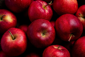 close-up of fresh red apples with a vibrant and glossy appearance. The apples are covered in tiny water droplets, emphasizing their freshness and juiciness.