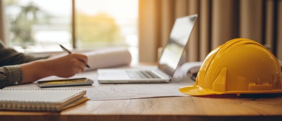 The construction helmet and laptop enhancing project planning and design in a bright workspace.