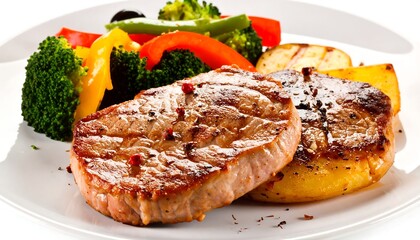 Grilled pork steak with roasted potatoes and colorful vegetables on a white plate