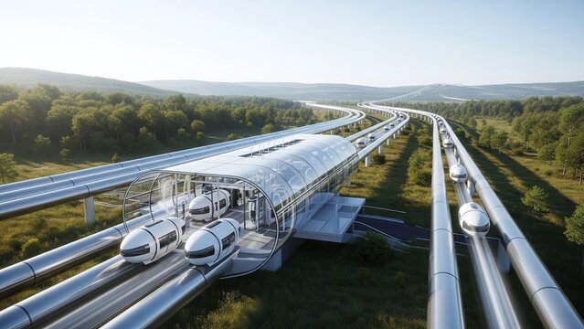 This image features a futuristic elevated transport system with sleek pods traveling through transparent tubes,symbolizing advanced urban mobility,sustainable transportation, and future infrastructur.