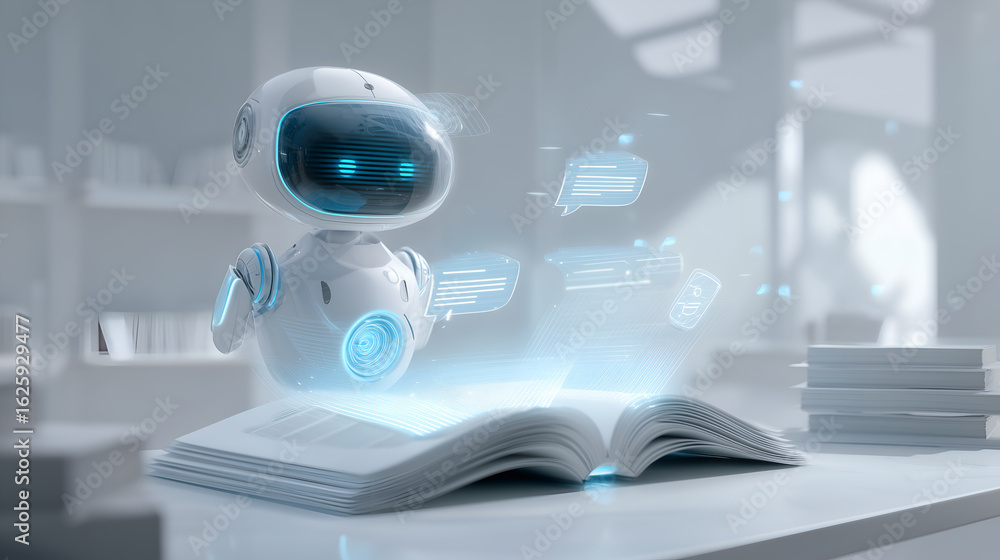 Poster a futuristic robot reading a book in the digital library