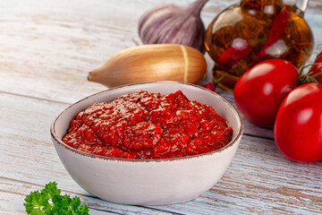 Bulgarian traditional lutenica pepper sauce
