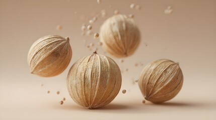 Fototapeta premium Floating coriander seeds on soft beige background - generative AI