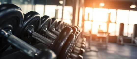 The dumbbells illuminated by sunlight in a modern gym setting.
