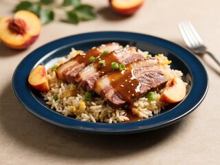 Roasted beef Belly with Bourbon-Peach Sauce, Fried Rice