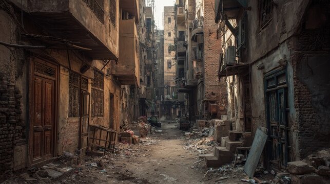 Narrow Alleyway in Urban Setting, Weathered Buildings and Ground Debris