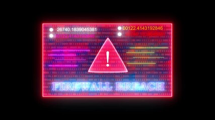 High-tech dashboard interface displays a firewall breach alert, showing unauthorized access, digital threat indicators, and cybersecurity warning signals for IT monitoring use. 4k video - Powered by Adobe