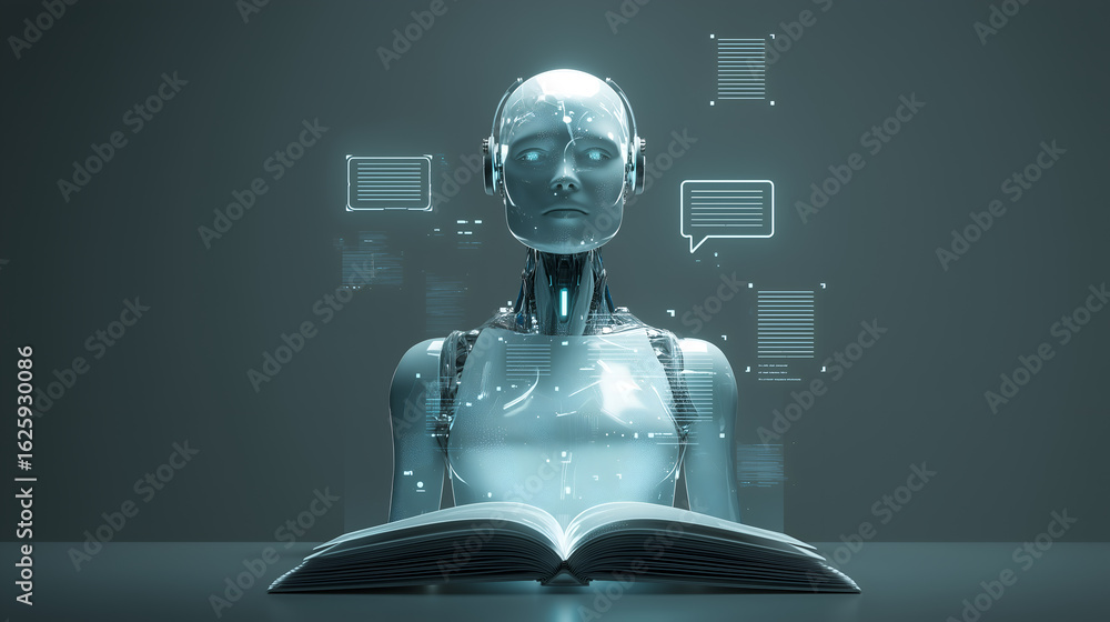 Poster an insightful robot reading a book, filled with artificial intelligence knowledge and technological 