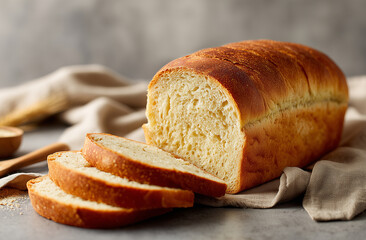 Medium shot of whole loaf of golden crusted bread next to sliced pieces