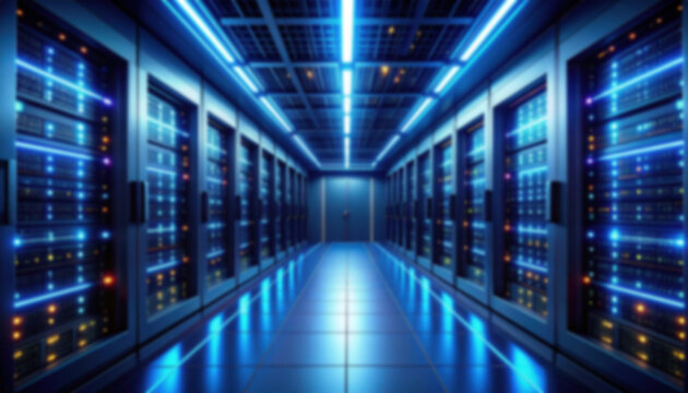 In the minimalist server room of the future, neon lights cast a soft, out-of-focus glow.