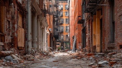 Fototapeta premium Abandoned Narrow Urban Alley Filled with Rubble and Damaged Residential Buildings