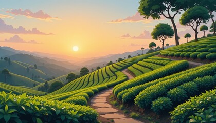 Fototapeta premium Serene tea plantation at sunrise.
