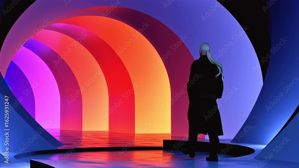 Poster stylish model navigating colorful, abstract stage environment with dynamically shifting illumination