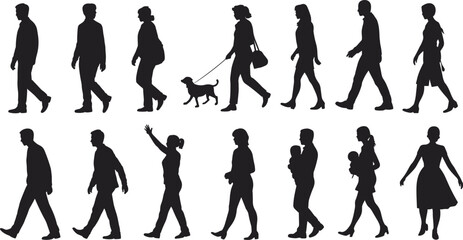 Walking people silhouette vector, male and female figures, human poses, black shapes, family walk, casual motion, illustration set