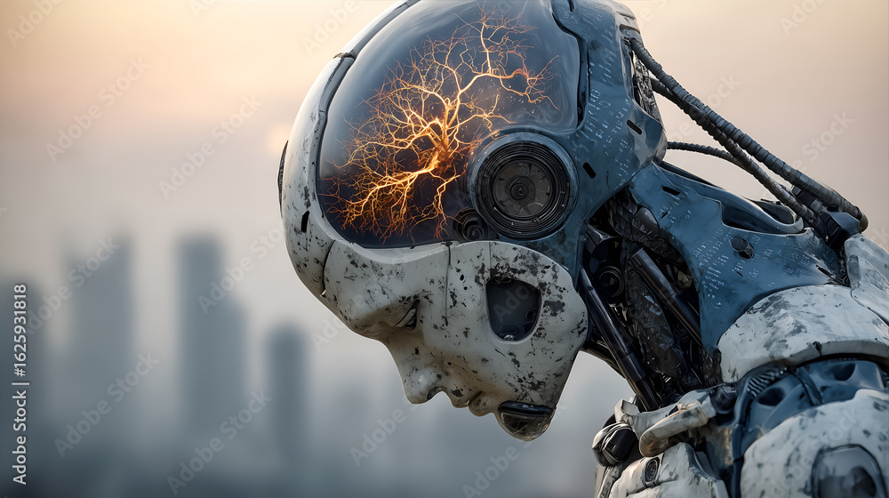 Poster futuristic robot with glowing brain and the city in background