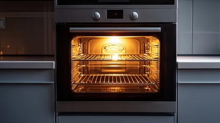 Empty built-in oven illuminated from inside, surrounded by modern kitchen surfaces and contemporary design elements