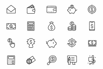 A refined one-line art set depicting budgeting tools and financial planning icons — perfect for printable planners and finance platforms.