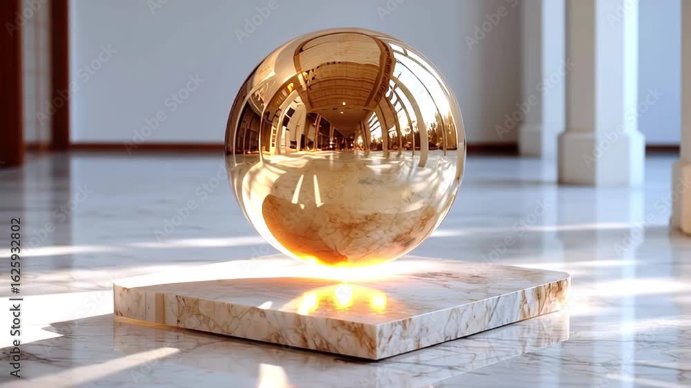 Poster gleaming golden sphere levitating near sleek marble base. capturing refined architectural reflection