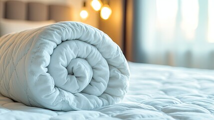 Fluffy quilt rolled up and resting on a bed with a blurred background in soft lighting