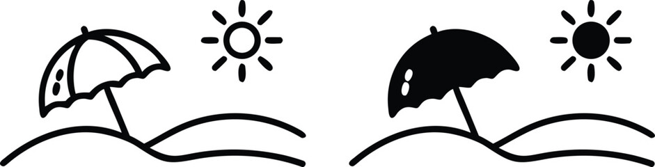 Beach Umbrella Sun Icon Set, Summer Vacation Outline and Silhouette Vector Illustration