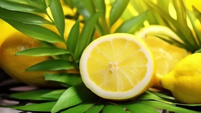 Lemon with leaves for celebration holiday sukkot, abstract vivid composition consists of background