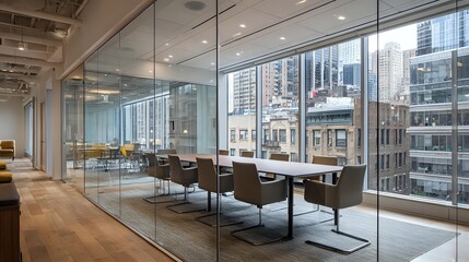 Open concept meeting room with glass partitions and wide windows showing urban structures, balanced light exposure across surfaces