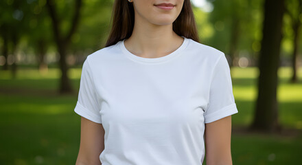 Close-up of a young woman wearing a plain white t-shirt standing outdoors in a green park.