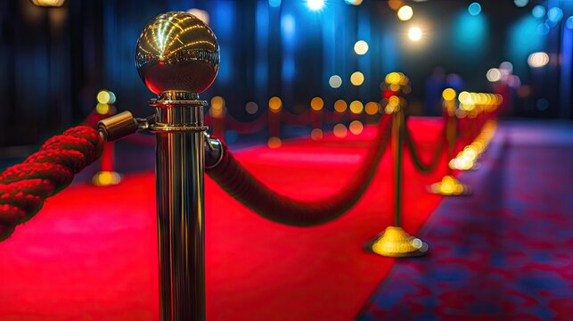 Gold stanchions and red ropes guide guests on a long red carpet at a film premiere