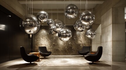 Sleek Architectural Lobby Design with Chrome Seating Pods and Floating Mirror Spheres