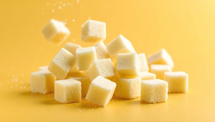 A Dynamic Cascade of Sweet Sugar Cubes on a Vibrant Yellow Background.