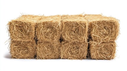 Horizontal view of hay bale-like stack isolated on a white background, capturing rural agriculture and dry organic matter