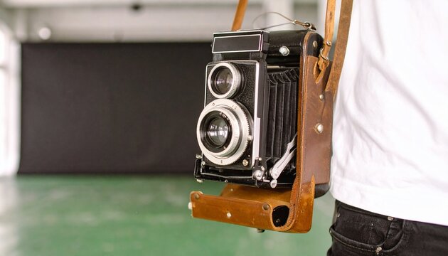 Classic Twin-Lens Reflex Camera with Bellows in a Worn Leather Case - Powered by Adobe