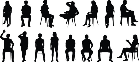 Silhouettes of people sitting on chairs, various gestures, casual body language, human poses collection, vector illustration, isolated, black shape