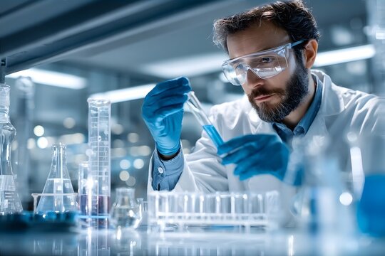 Scientist in lab with blue gloves holding test tube. - Powered by Adobe