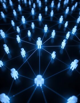 Top-down view of multiple connected human icons forming a radial digital network, emphasizing distributed teams, communication, and collaboration in digital ecosystems.