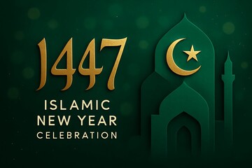 Elegant islamic new year 1447 celebration with mosque and crescent moon design