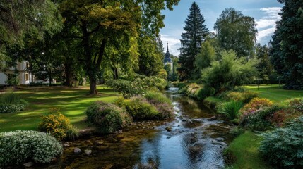 Obraz premium Park stream with lush greenery