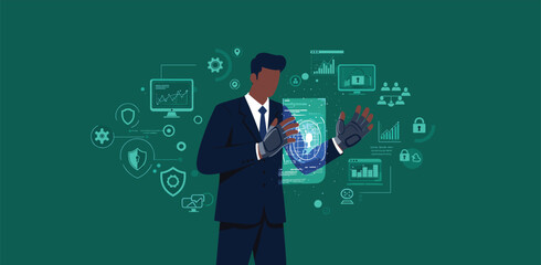 Illustration Vector of Business Man interacting with Futuristic Data Screens and Security Icons in Modern Style