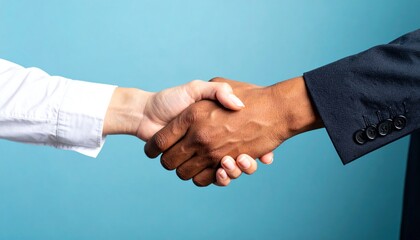 A Firm Handshake of Diverse Partnership Against a Clean Blue Background.