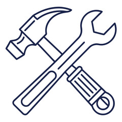 Simple line art icon of a hammer and wrench crossed together on a white background