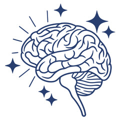 Stylized blue line drawing of a human brain with radiating lines and stars symbolizing intelligence and creativity