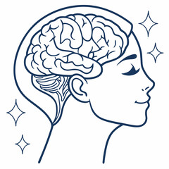 Stylized illustration of a human head in profile with a detailed brain and sparkling stars symbolizing clarity and thought