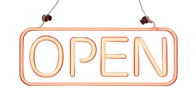 Illuminated neon open sign isolated on white background for business use