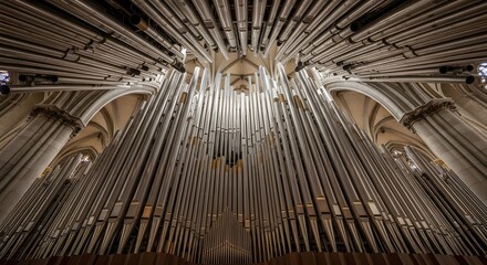Interior view of a large pipe organ inside a cathedral, showcasing its intricate design and architectural setting.