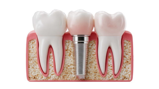 dental implant model with titanium screw, gum and jawbone cross-section, white background