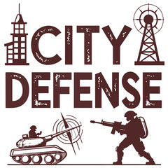 City defense forces with tank soldier and military tower